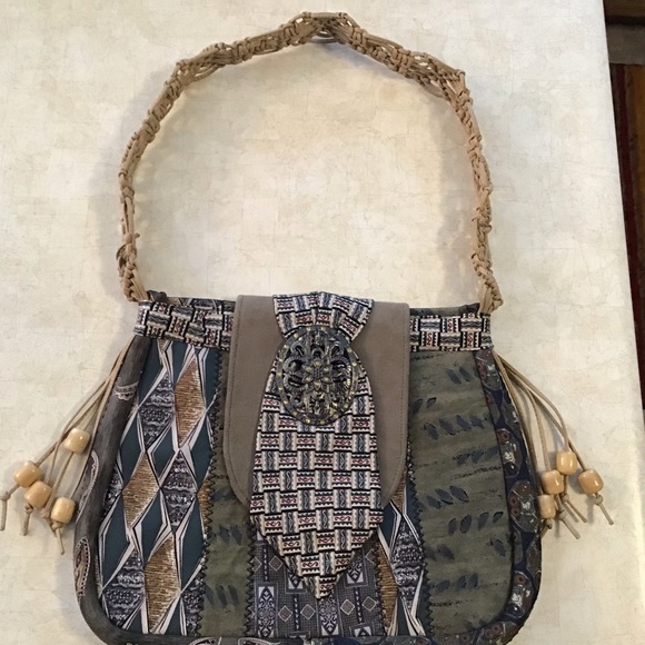 Handmade Boho hippie bag with wood beads fringe - Picture 2 of 6